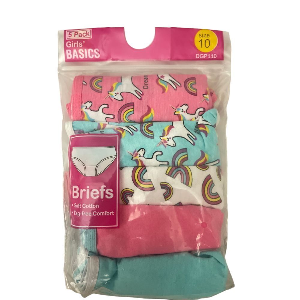 Girls' Basics 5-Pack Cotton Briefs Unicorn Rainbow Print Underwear Size 10 J-3